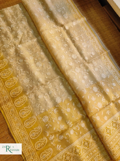 Pure Organza Silk Saree with Chikankari Jaal Embroidery Work - Yellow