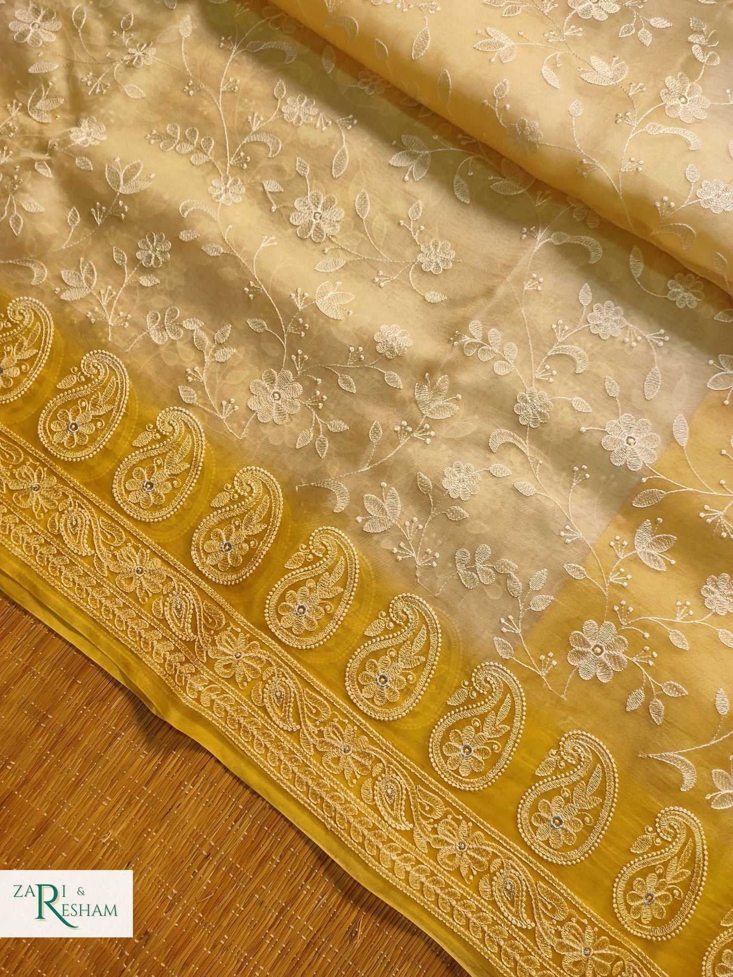 Pure Organza Silk Saree with Chikankari Jaal Embroidery Work - Yellow