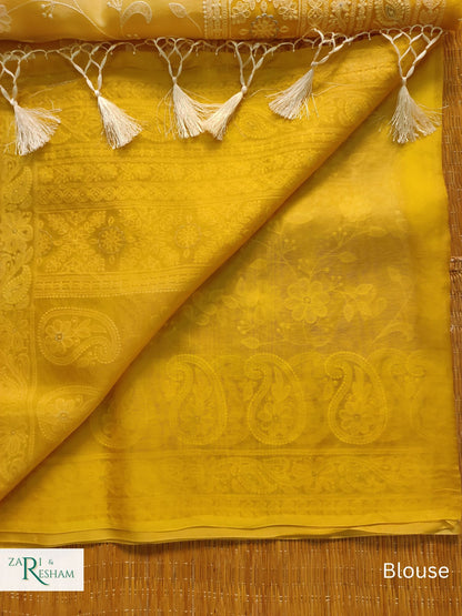 Pure Organza Silk Saree with Chikankari Jaal Embroidery Work - Yellow