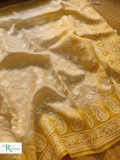 Pure Organza Silk Saree with Chikankari Jaal Embroidery Work - Yellow