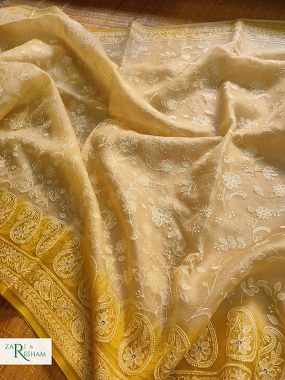 Pure Organza Silk Saree with Chikankari Jaal Embroidery Work - Yellow