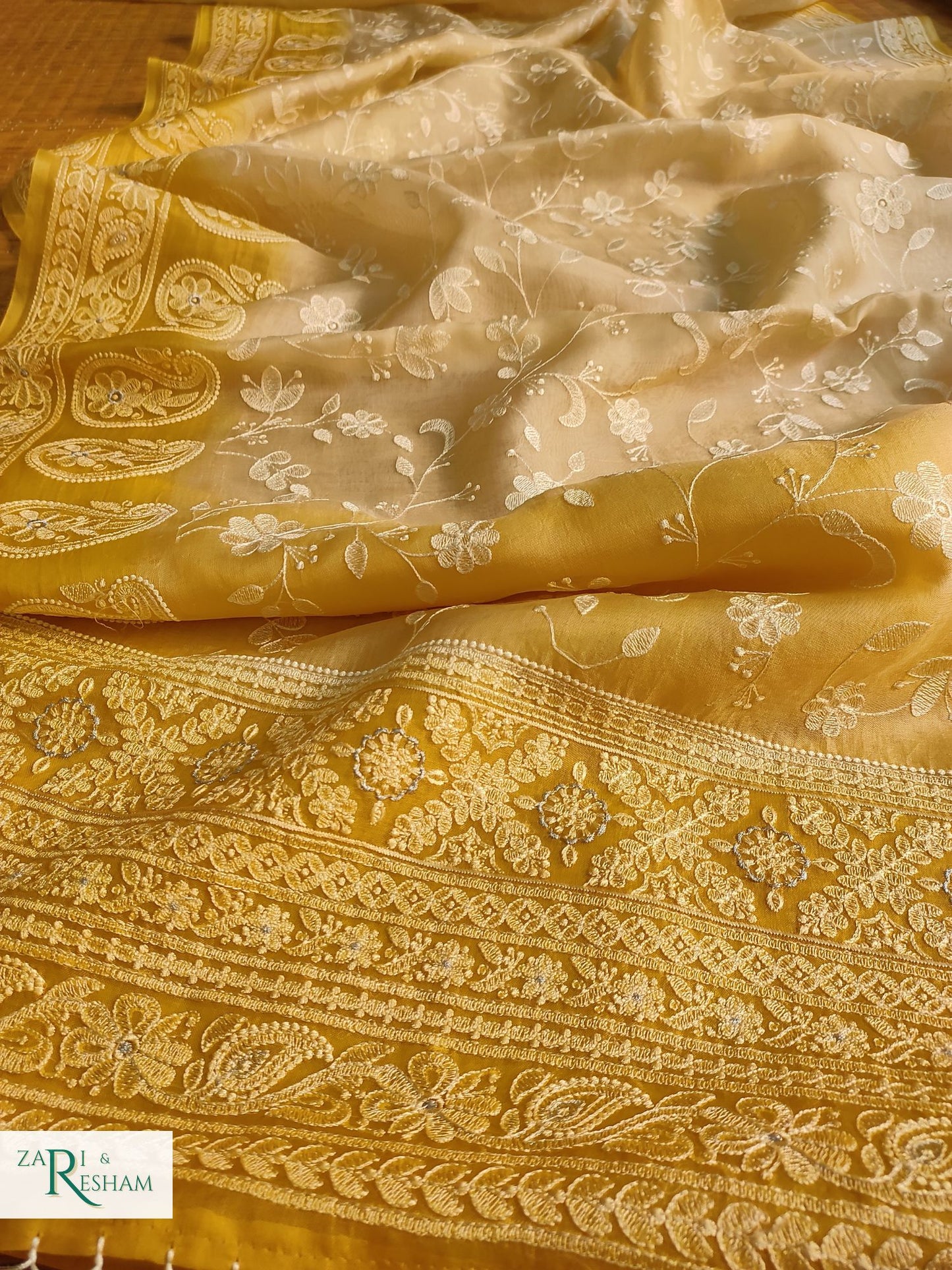 Pure Organza Silk Saree with Chikankari Jaal Embroidery Work - Yellow