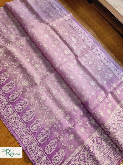 Pure Organza Silk Saree with Chikankari Jaal Embroidery Work - Lavender