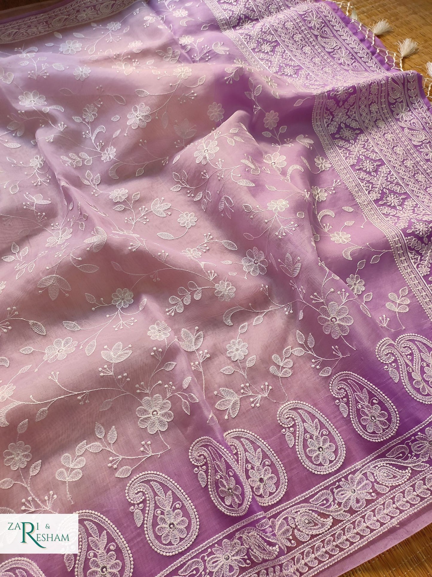 Pure Organza Silk Saree with Chikankari Jaal Embroidery Work - Lavender