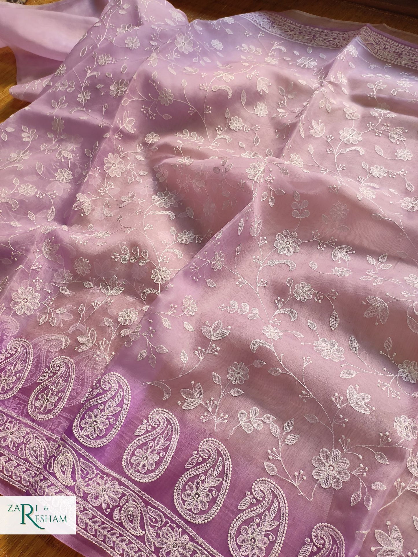 Pure Organza Silk Saree with Chikankari Jaal Embroidery Work - Lavender