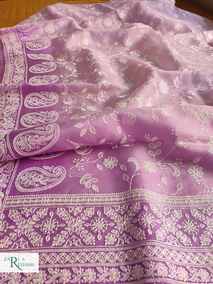 Pure Organza Silk Saree with Chikankari Jaal Embroidery Work - Lavender