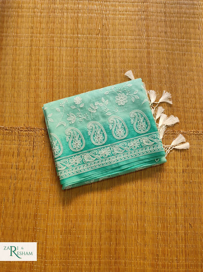 Pure Organza Silk Saree with Chikankari Jaal Embroidery Work - Sea Green