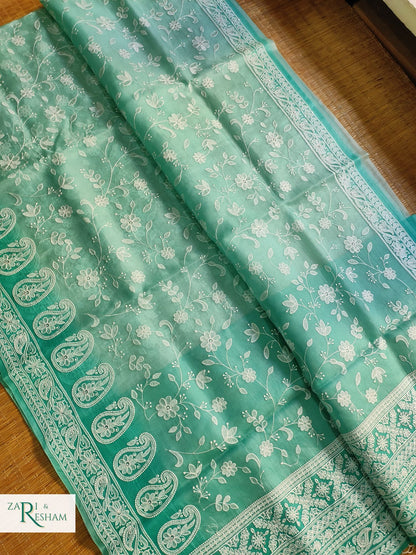 Pure Organza Silk Saree with Chikankari Jaal Embroidery Work - Sea Green