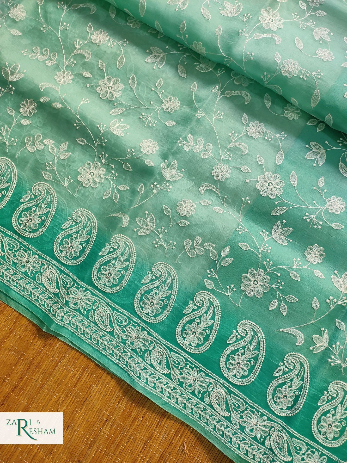 Pure Organza Silk Saree with Chikankari Jaal Embroidery Work - Sea Green