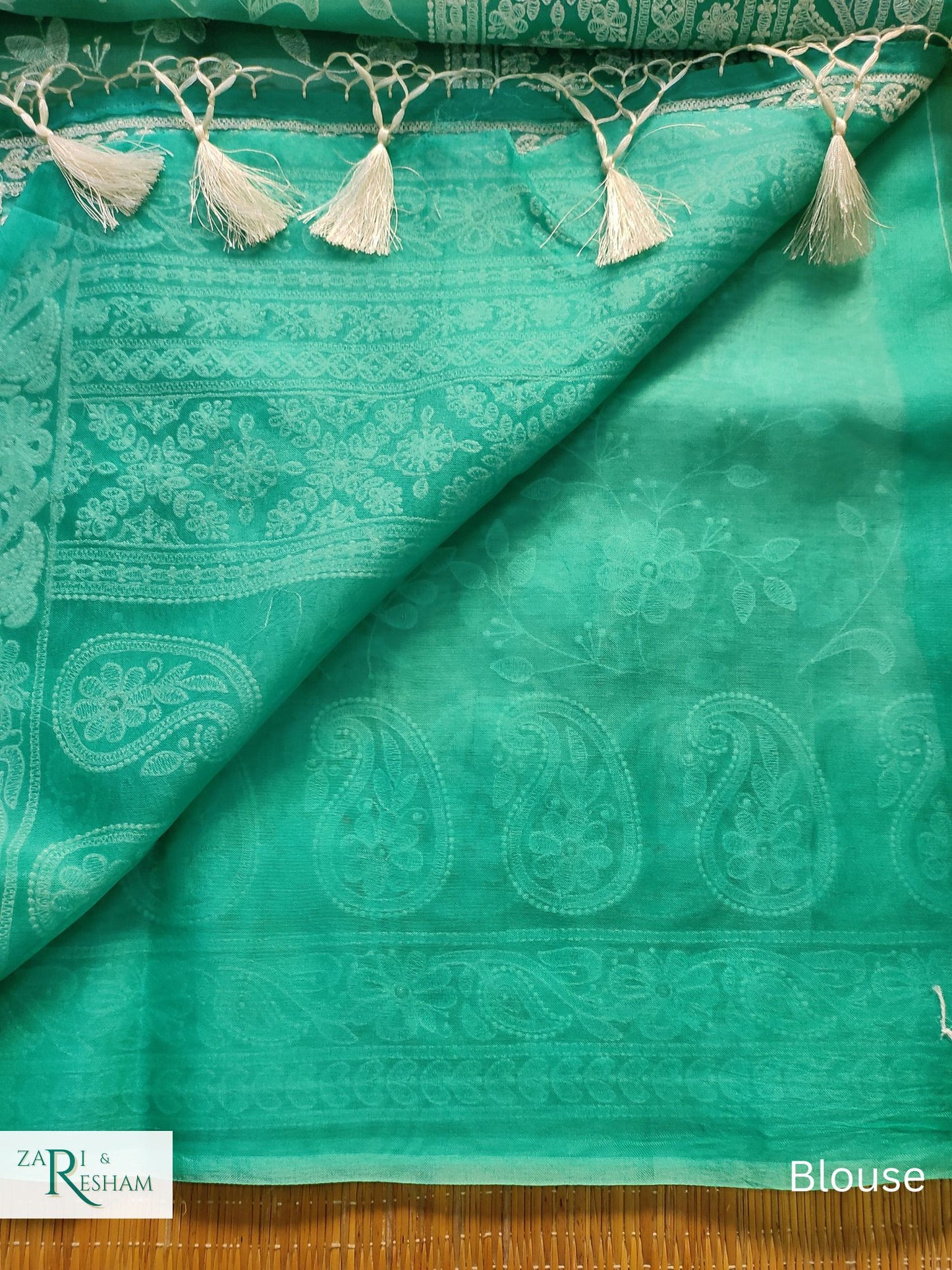 Pure Organza Silk Saree with Chikankari Jaal Embroidery Work - Sea Green