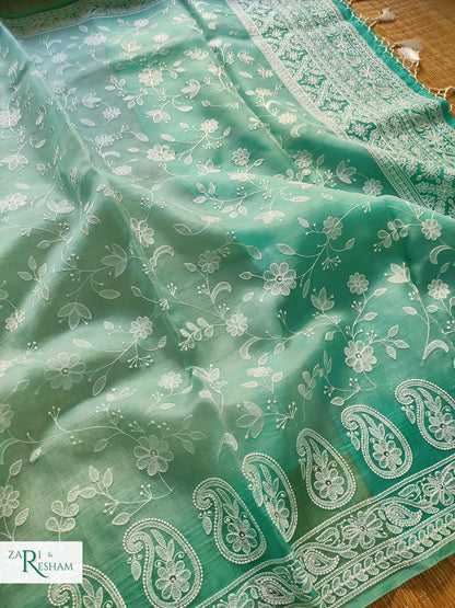 Pure Organza Silk Saree with Chikankari Jaal Embroidery Work - Sea Green