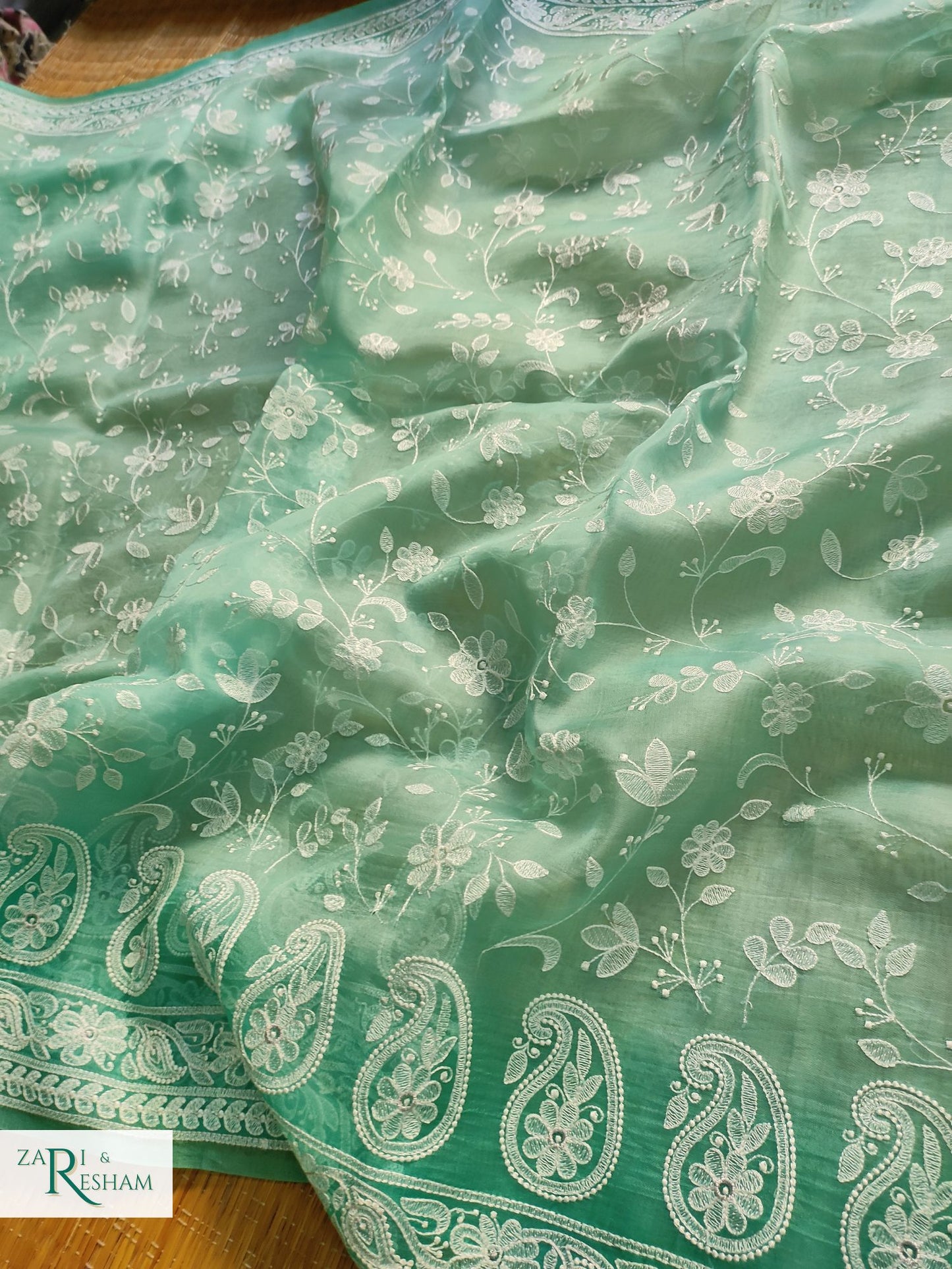 Pure Organza Silk Saree with Chikankari Jaal Embroidery Work - Sea Green