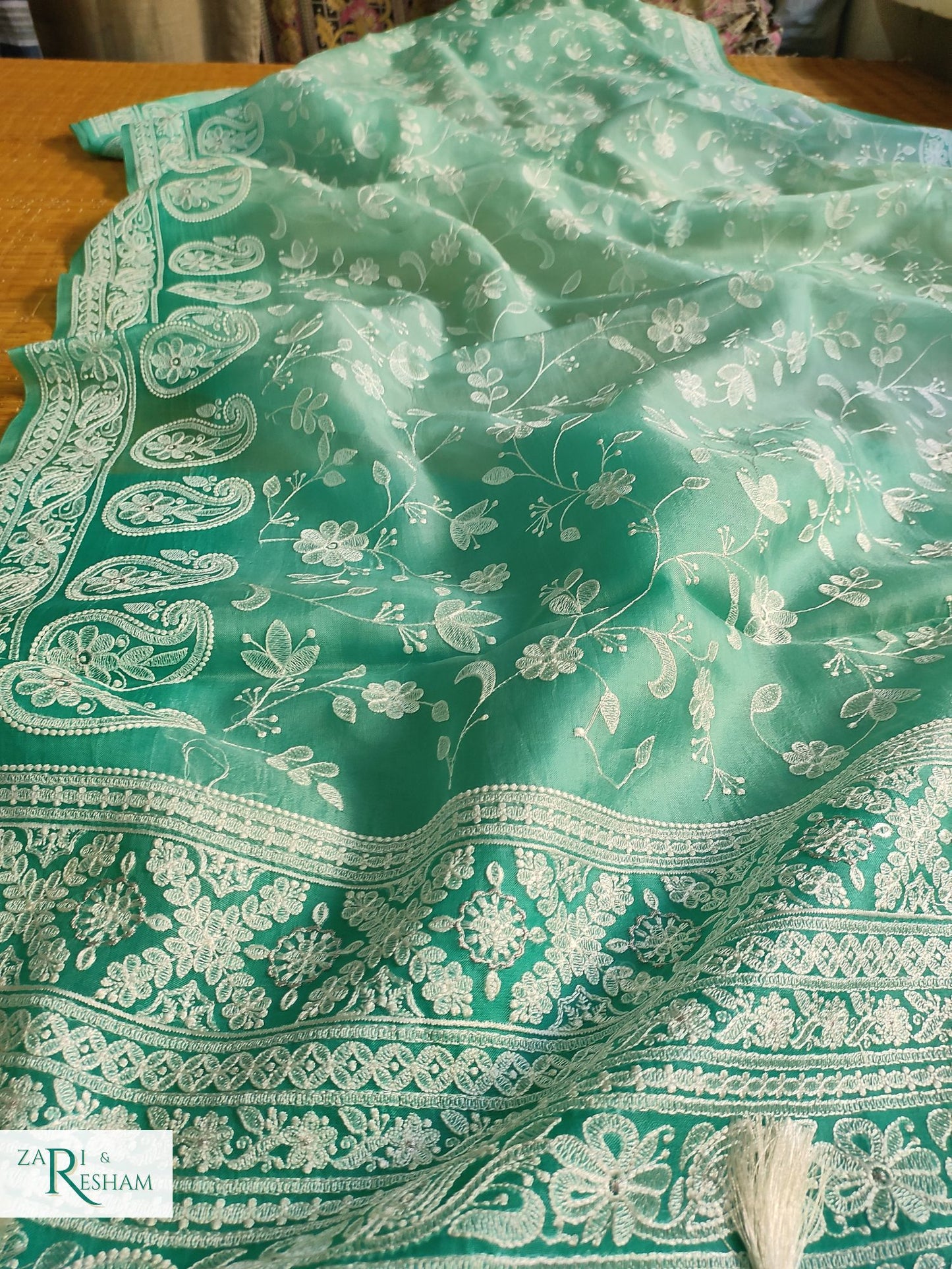 Pure Organza Silk Saree with Chikankari Jaal Embroidery Work - Sea Green