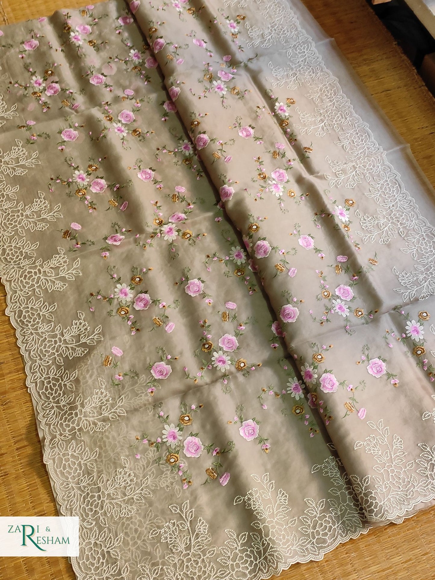 Pure Organza Silk Saree with Floral Jaal and Pearl Embroidery Work with Scalloped Edges - Mouse Grey