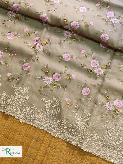 Pure Organza Silk Saree with Floral Jaal and Pearl Embroidery Work with Scalloped Edges - Mouse Grey