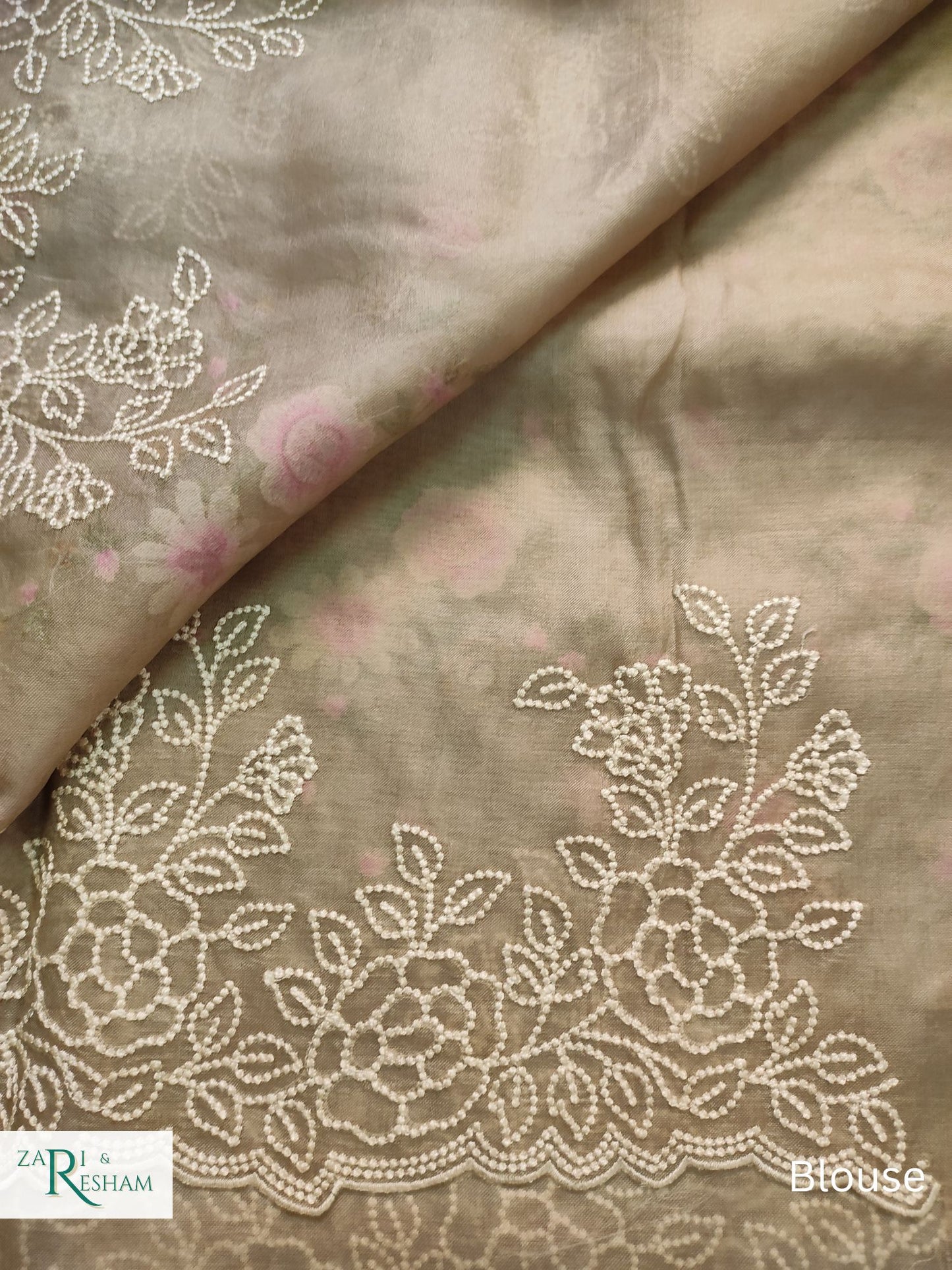 Pure Organza Silk Saree with Floral Jaal and Pearl Embroidery Work with Scalloped Edges - Mouse Grey