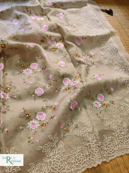 Pure Organza Silk Saree with Floral Jaal and Pearl Embroidery Work with Scalloped Edges - Mouse Grey