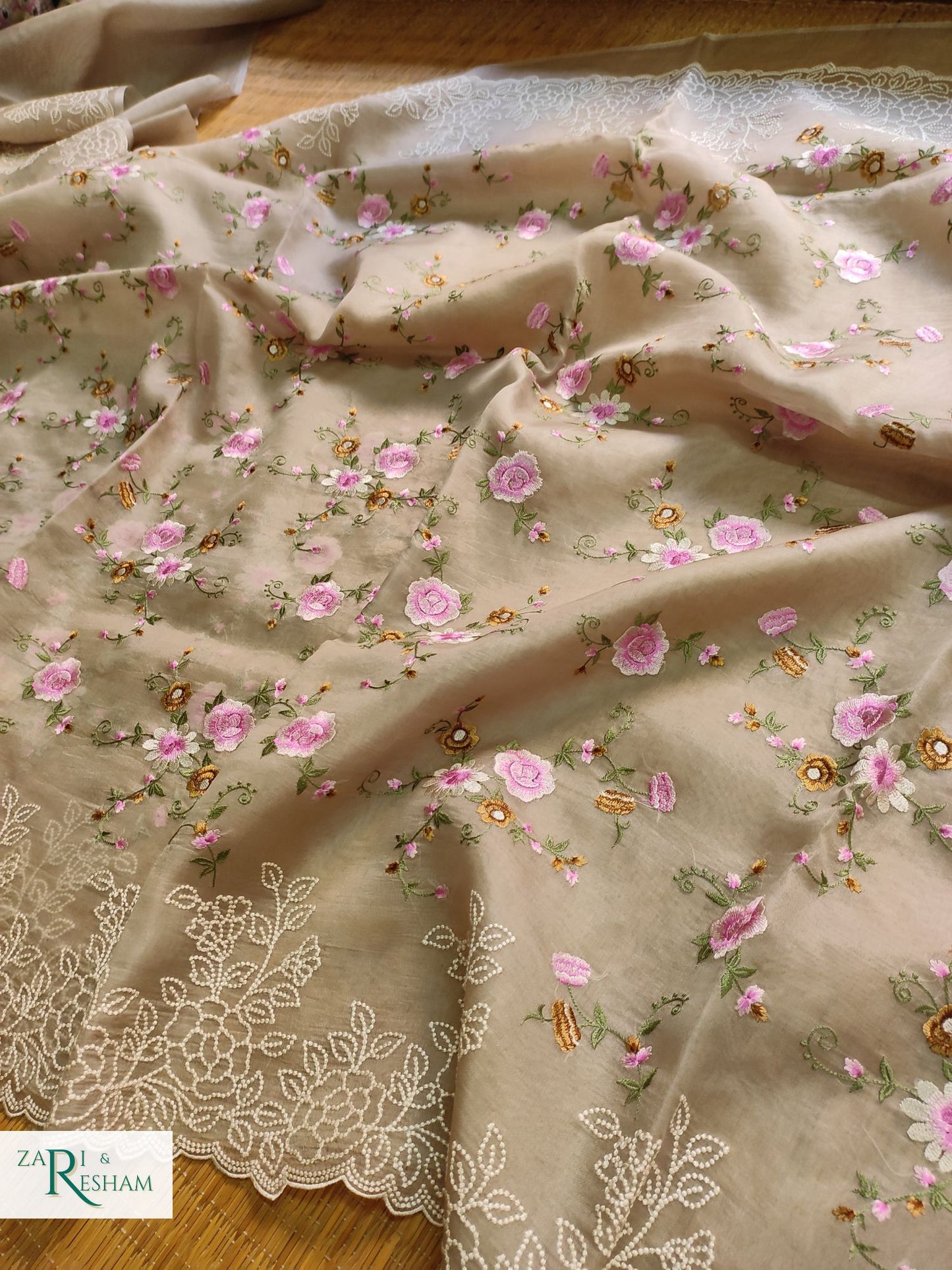 Pure Organza Silk Saree with Floral Jaal and Pearl Embroidery Work with Scalloped Edges - Mouse Grey