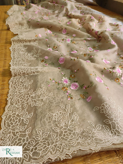 Pure Organza Silk Saree with Floral Jaal and Pearl Embroidery Work with Scalloped Edges - Mouse Grey