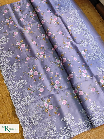 Pure Organza Silk Saree with Floral Jaal and Pearl Embroidery Work with Scalloped Edges - Grey