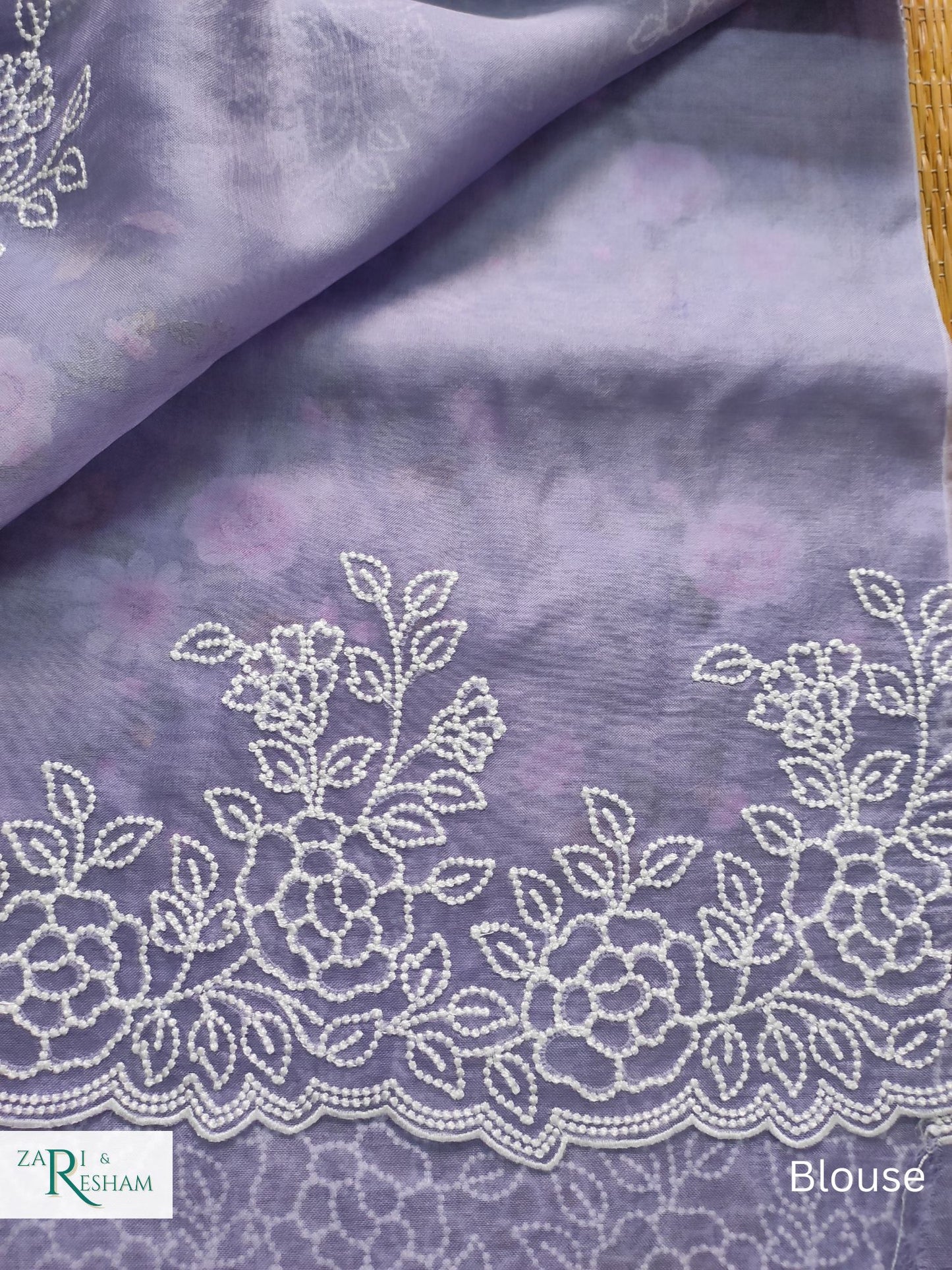 Pure Organza Silk Saree with Floral Jaal and Pearl Embroidery Work with Scalloped Edges - Grey