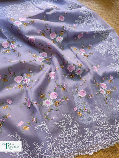 Pure Organza Silk Saree with Floral Jaal and Pearl Embroidery Work with Scalloped Edges - Grey