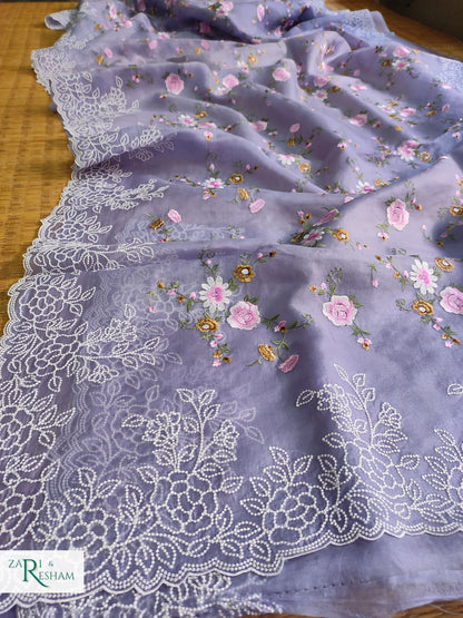 Pure Organza Silk Saree with Floral Jaal and Pearl Embroidery Work with Scalloped Edges - Grey