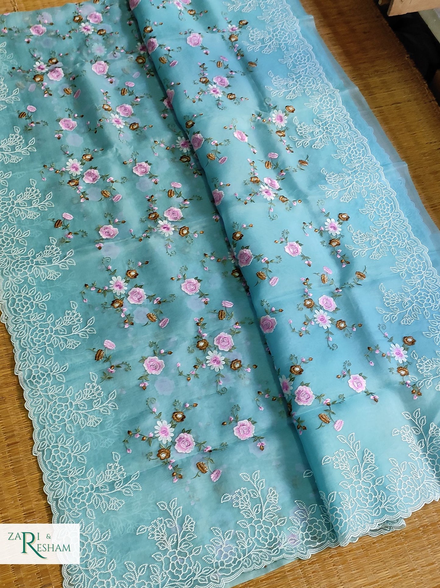 Pure Organza Silk Saree with Beautiful Floral Jaal and Pearl Embroidery Work with Scalloped Edges - Sky Blue