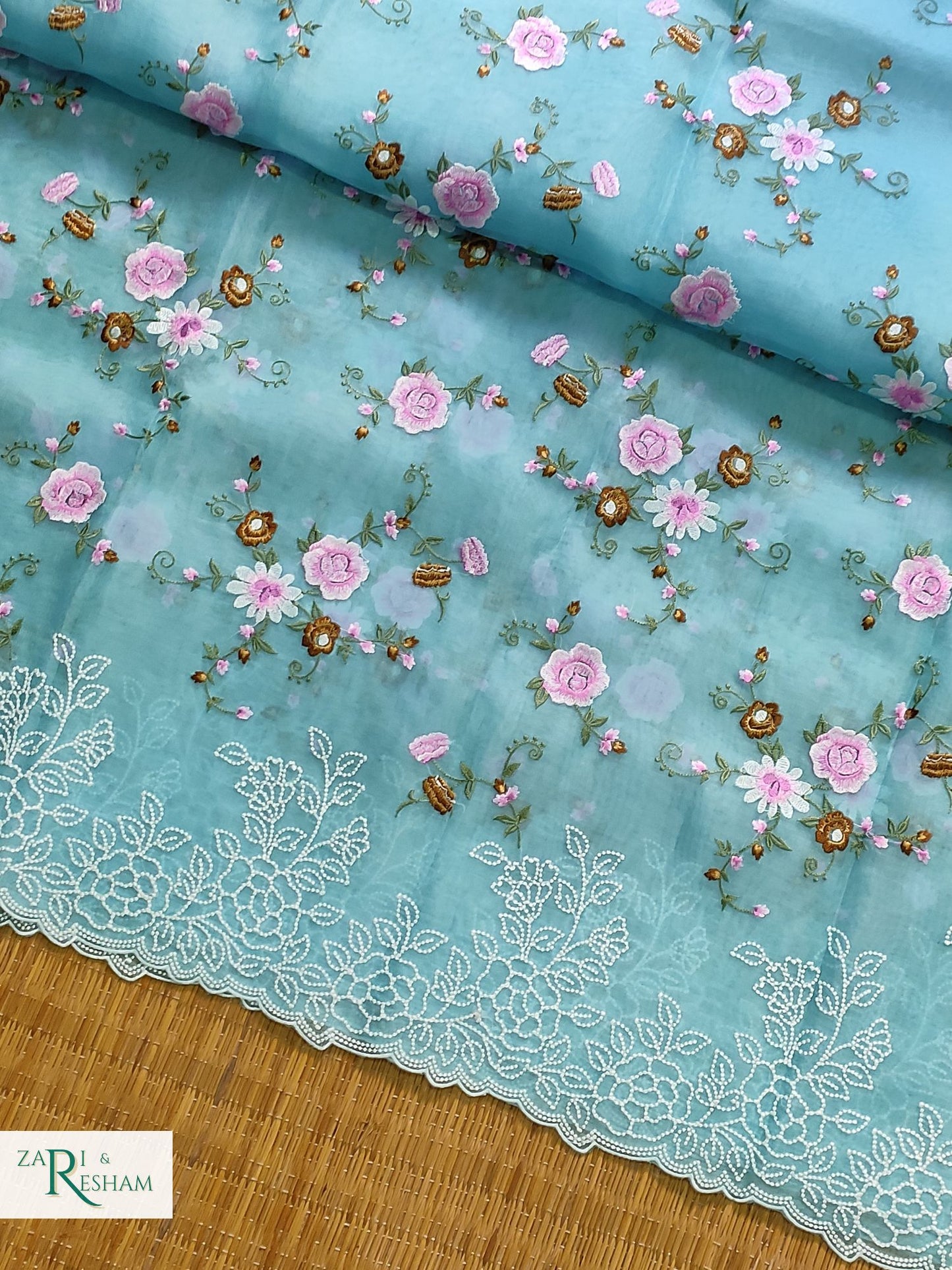 Pure Organza Silk Saree with Beautiful Floral Jaal and Pearl Embroidery Work with Scalloped Edges - Sky Blue