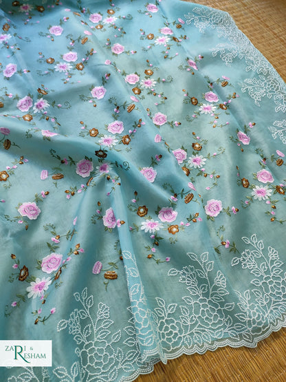 Pure Organza Silk Saree with Beautiful Floral Jaal and Pearl Embroidery Work with Scalloped Edges - Sky Blue