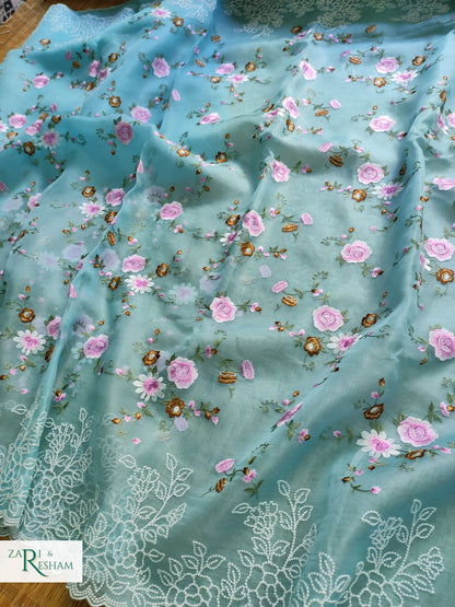 Pure Organza Silk Saree with Beautiful Floral Jaal and Pearl Embroidery Work with Scalloped Edges - Sky Blue