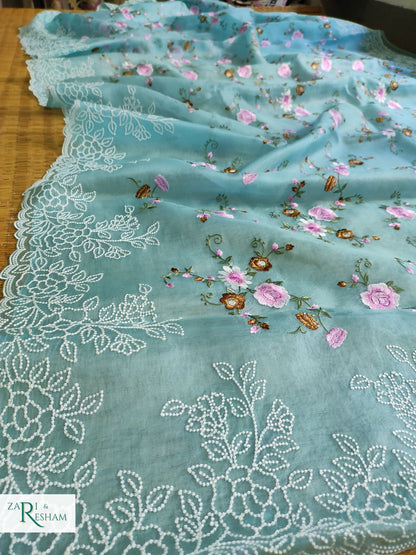 Pure Organza Silk Saree with Beautiful Floral Jaal and Pearl Embroidery Work with Scalloped Edges - Sky Blue