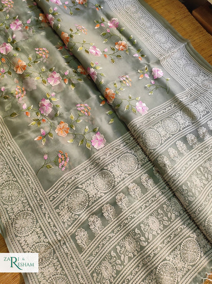 Pure Organza Silk Saree with Heavy Chikankari Floral Jaal Embroidery Work - Olive