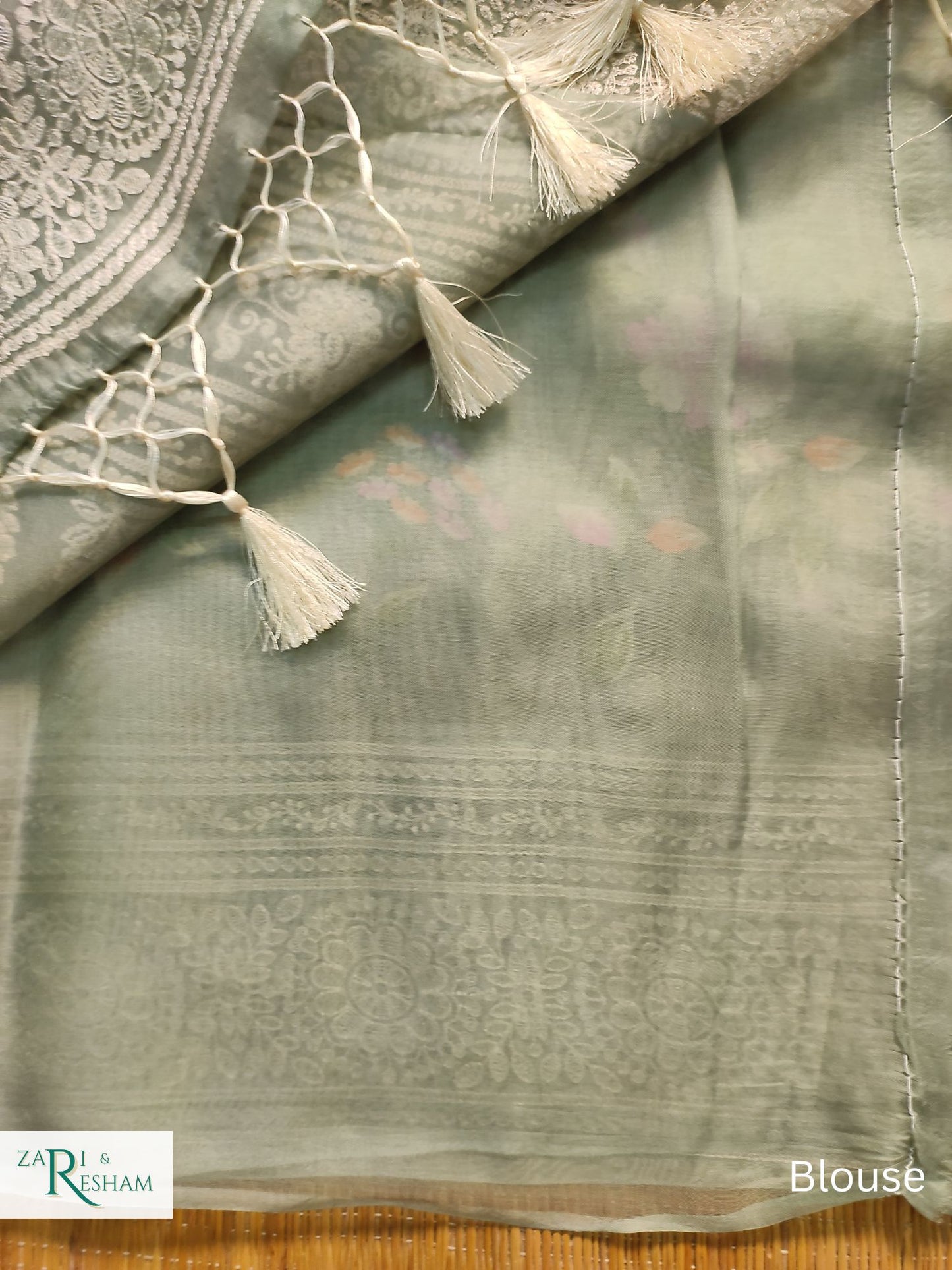 Pure Organza Silk Saree with Heavy Chikankari Floral Jaal Embroidery Work - Olive