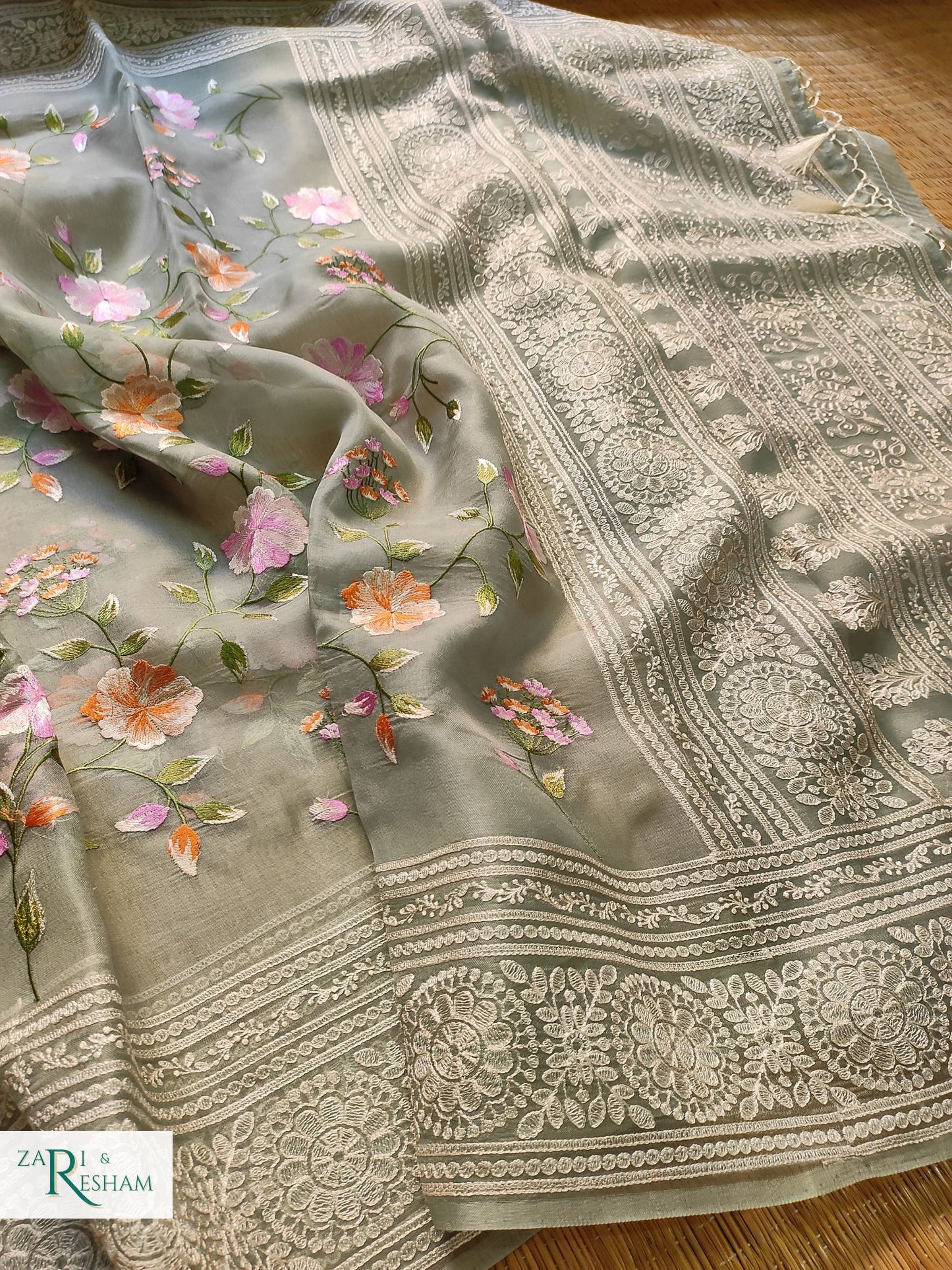 Pure Organza Silk Saree with Heavy Chikankari Floral Jaal Embroidery Work - Olive