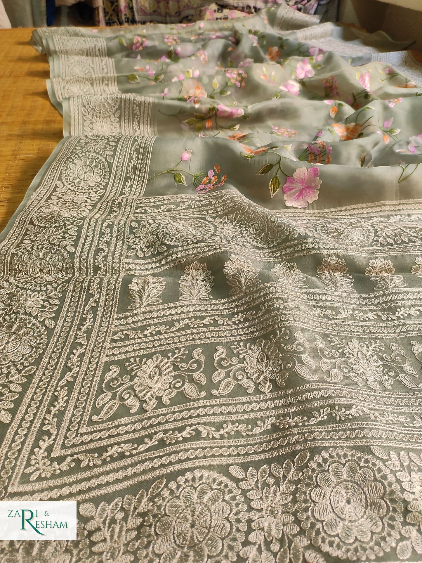 Pure Organza Silk Saree with Heavy Chikankari Floral Jaal Embroidery Work - Olive