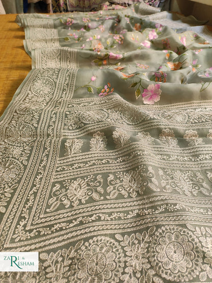 Pure Organza Silk Saree with Heavy Chikankari Floral Jaal Embroidery Work - Olive