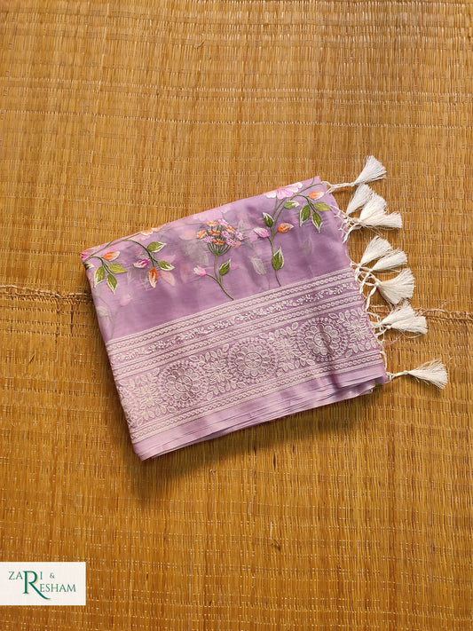 Pure Organza Silk Saree with Heavy Chikankari Floral Jaal Embroidery Work - Lavender