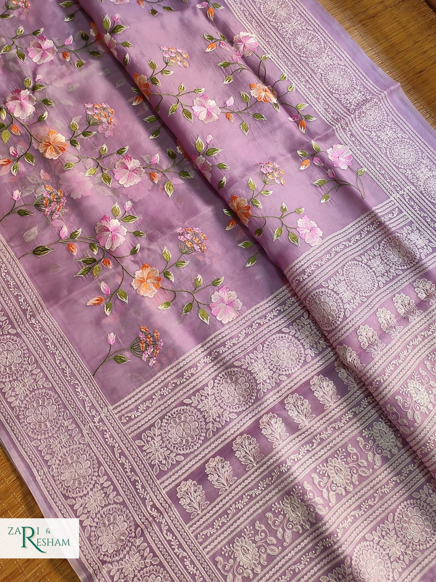 Pure Organza Silk Saree with Heavy Chikankari Floral Jaal Embroidery Work - Lavender