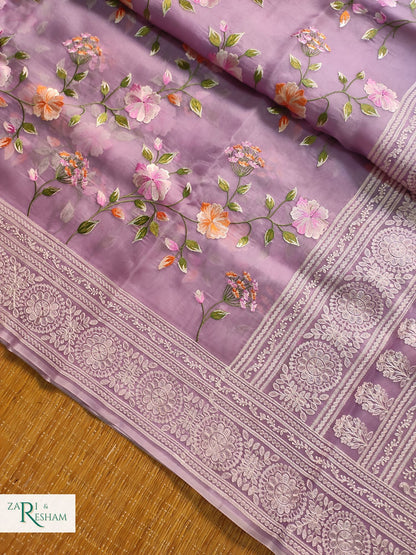 Pure Organza Silk Saree with Heavy Chikankari Floral Jaal Embroidery Work - Lavender