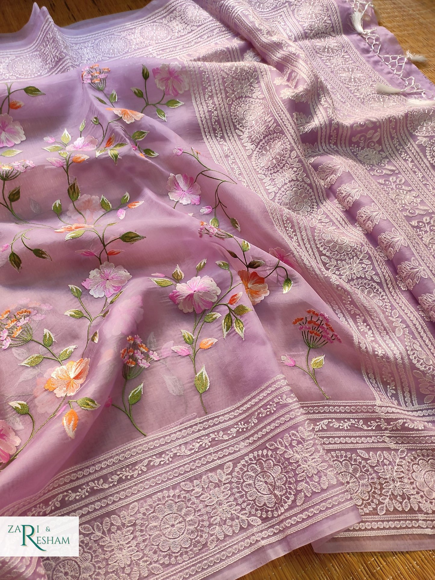 Pure Organza Silk Saree with Heavy Chikankari Floral Jaal Embroidery Work - Lavender