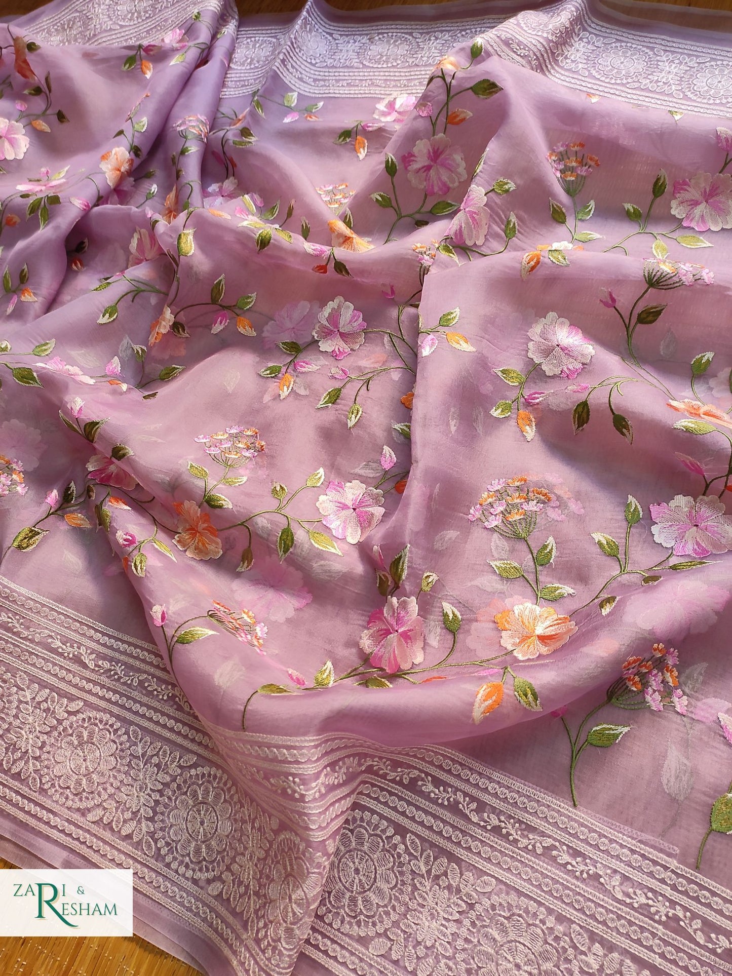 Pure Organza Silk Saree with Heavy Chikankari Floral Jaal Embroidery Work - Lavender