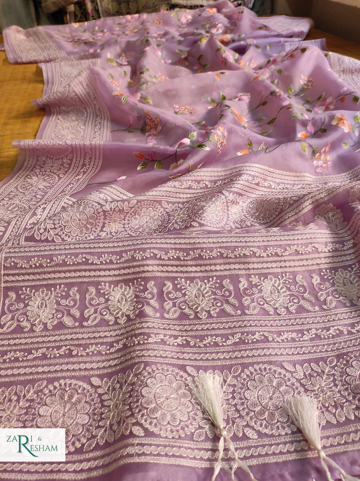 Pure Organza Silk Saree with Heavy Chikankari Floral Jaal Embroidery Work - Lavender