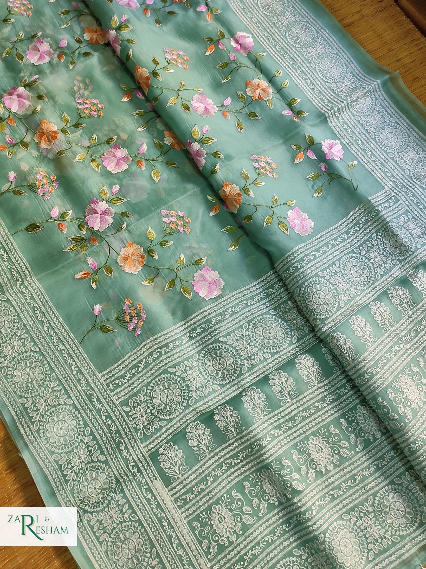 Pure Organza Silk Saree with Heavy Chikankari Floral Jaal Embroidery Work - Dusty Sea Green