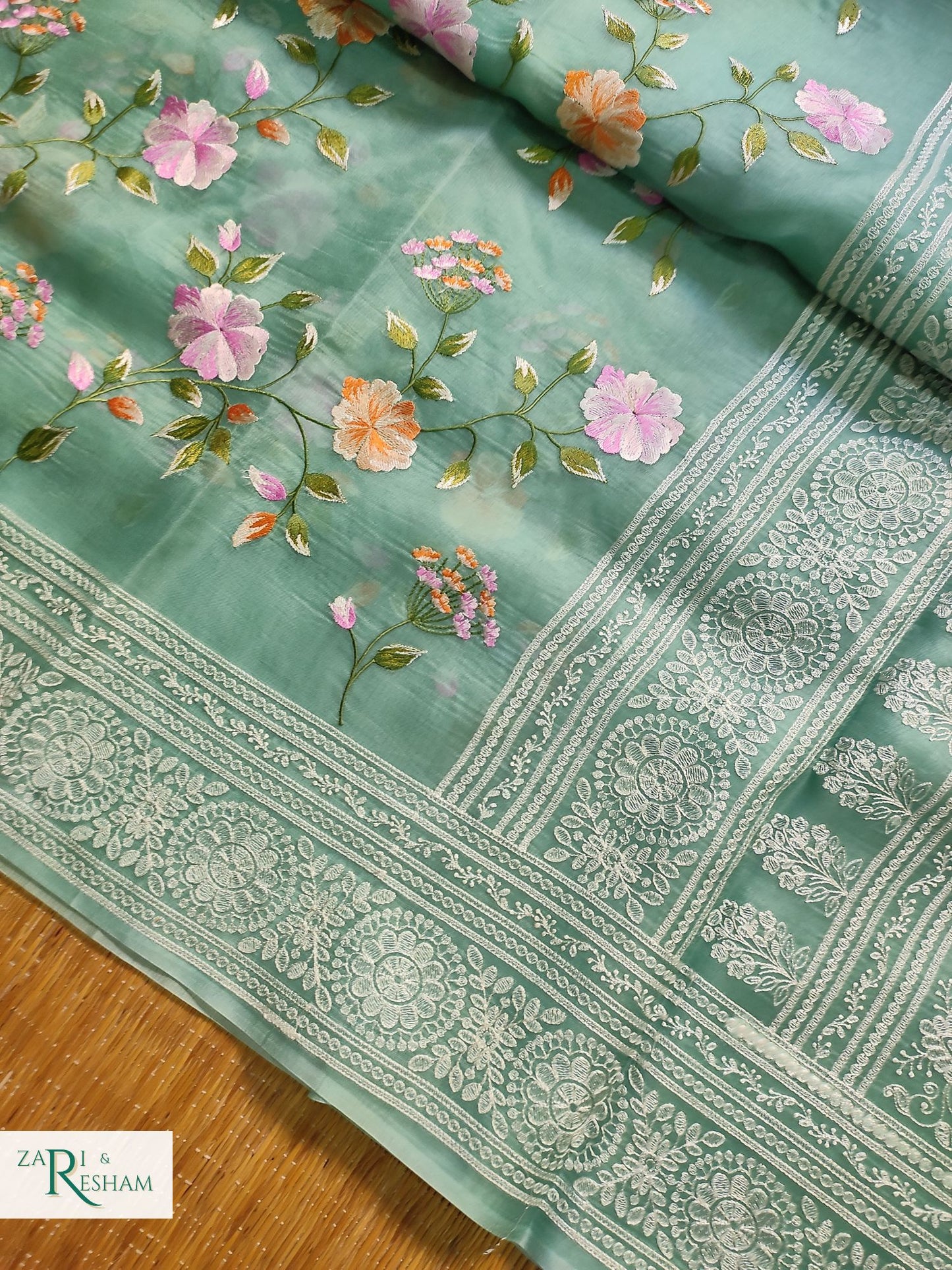 Pure Organza Silk Saree with Heavy Chikankari Floral Jaal Embroidery Work - Dusty Sea Green