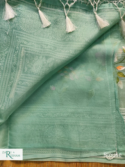 Pure Organza Silk Saree with Heavy Chikankari Floral Jaal Embroidery Work - Dusty Sea Green