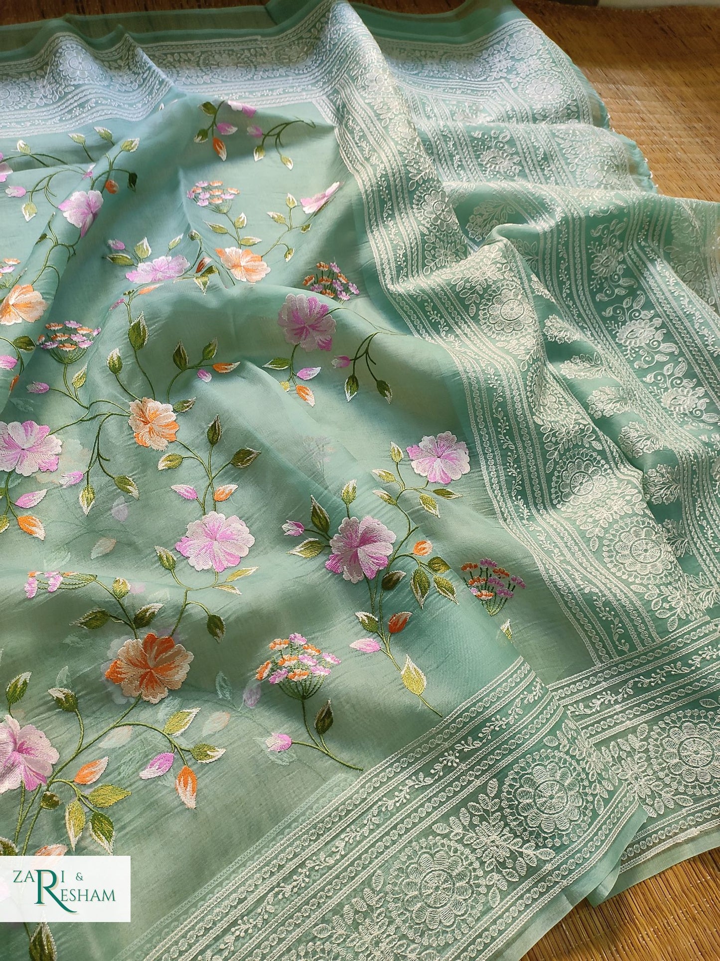 Pure Organza Silk Saree with Heavy Chikankari Floral Jaal Embroidery Work - Dusty Sea Green