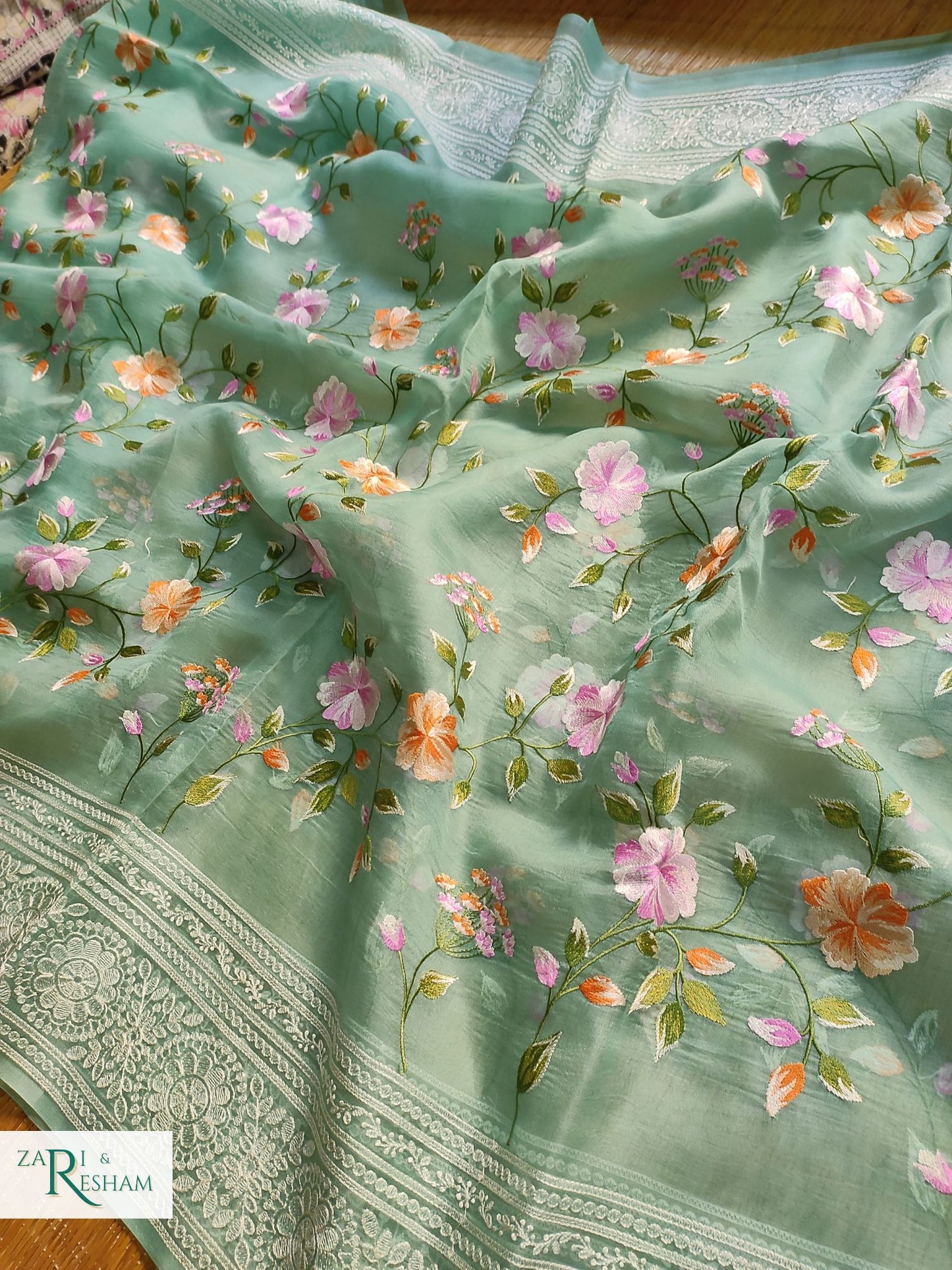 Pure Organza Silk Saree with Heavy Chikankari Floral Jaal Embroidery Work - Dusty Sea Green