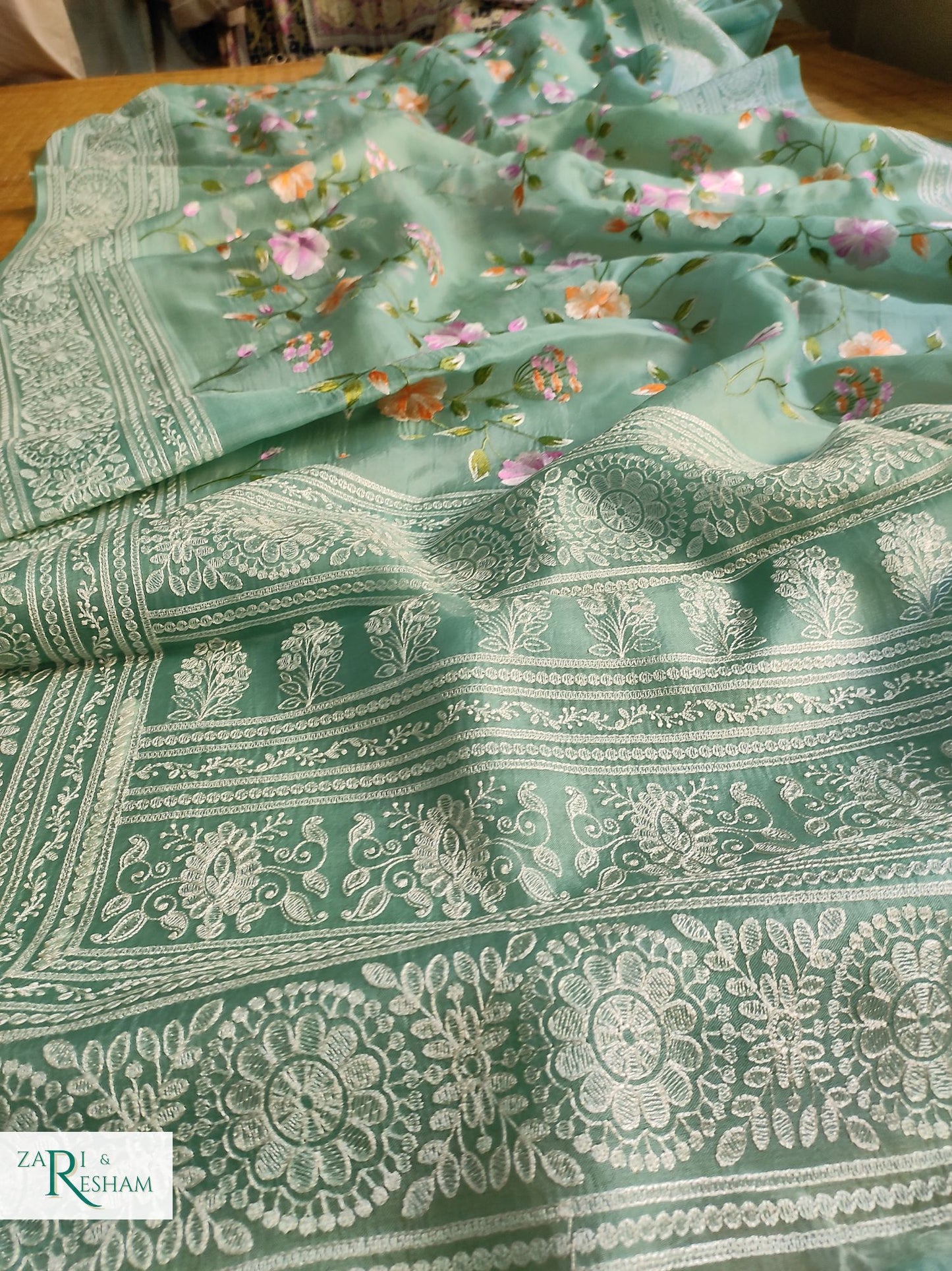 Pure Organza Silk Saree with Heavy Chikankari Floral Jaal Embroidery Work - Dusty Sea Green