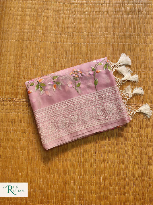 Pure Organza Silk Saree with Heavy Chikankari Floral Jaal Embroidery Work - Dusty Pink